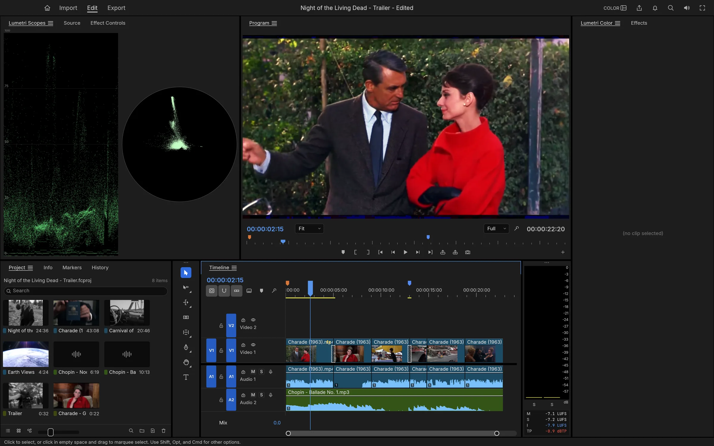 FilmCraft Color workspace with waveform and vectorscope on Charade (1963)