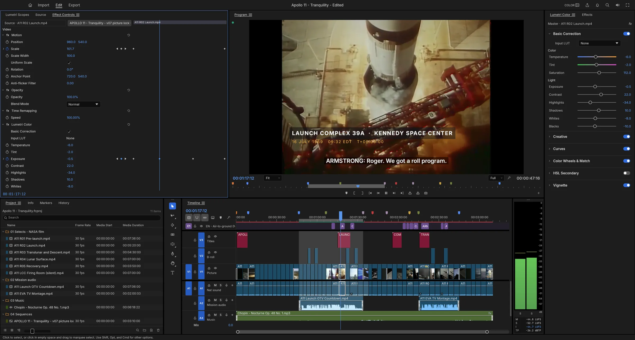 FilmCraft, a free online video editor, in the Color workspace mid-way through an Apollo 11 documentary cut from NASA footage